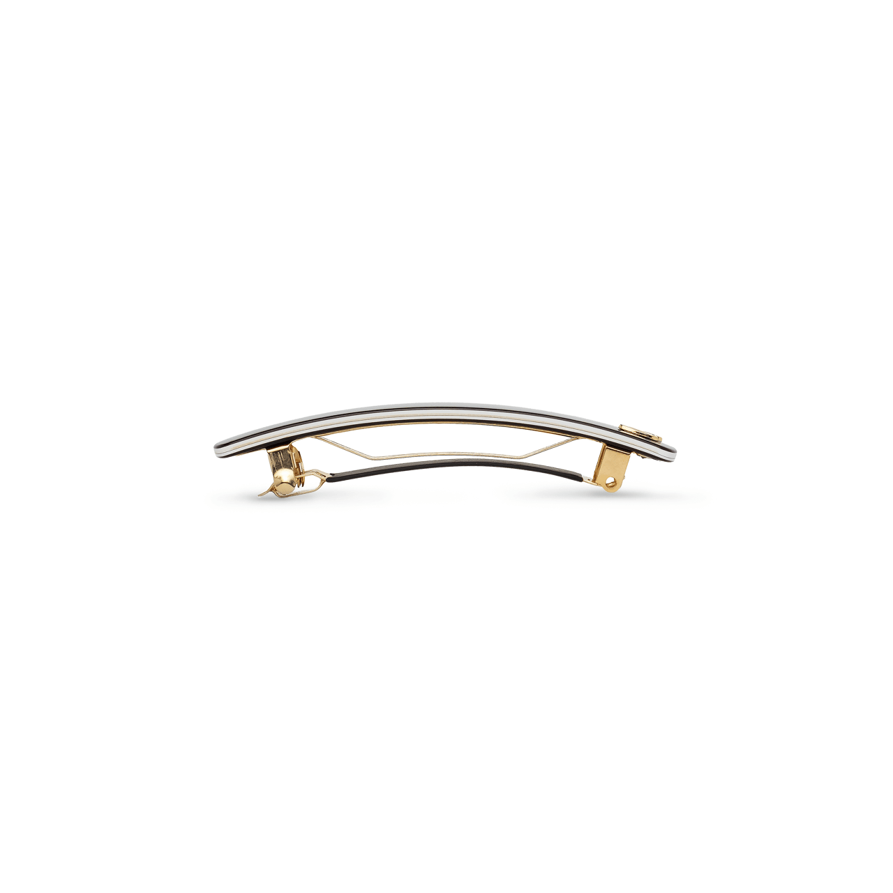 Barrette Classique medium black and cream — close view of the spring mechanism and engraved S detail