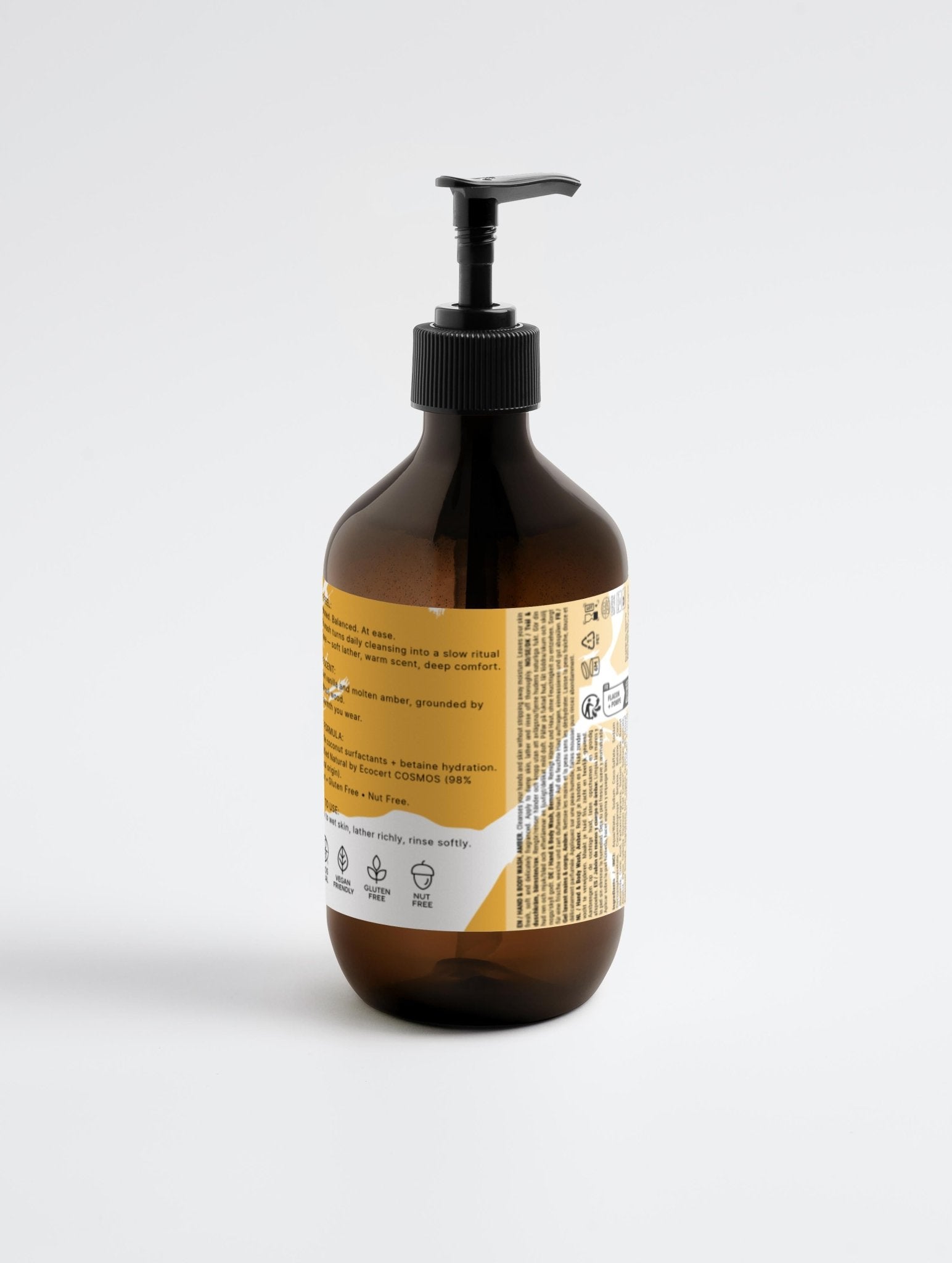 Sacrae Hand & Body Wash Patchouli & Amber Vanilla — detail of bottle