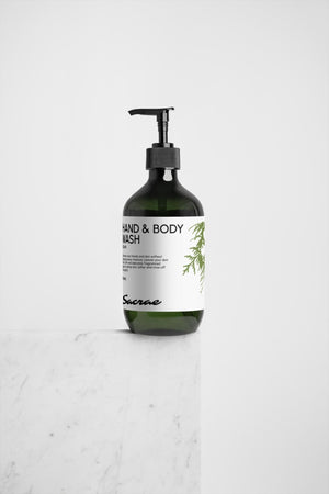 Sacrae Hand & Body Wash Peppermint & Dark Cedar — detail of bottle and label