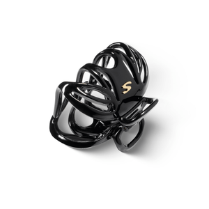 Lena Small Claw Clip glossy black — editorial still life, dark background