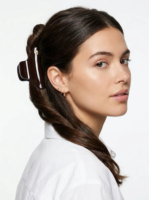 Model wearing Sacrae Pince L Twilight Mirage Capsule Edition, half-up hairstyle, front view