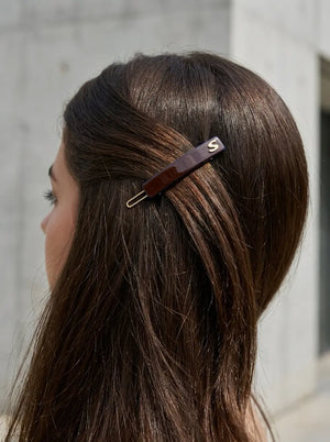 Model wearing Sacrae Barrette XS Twilight Mirage Capsule Edition, sleek hairstyle, profile view