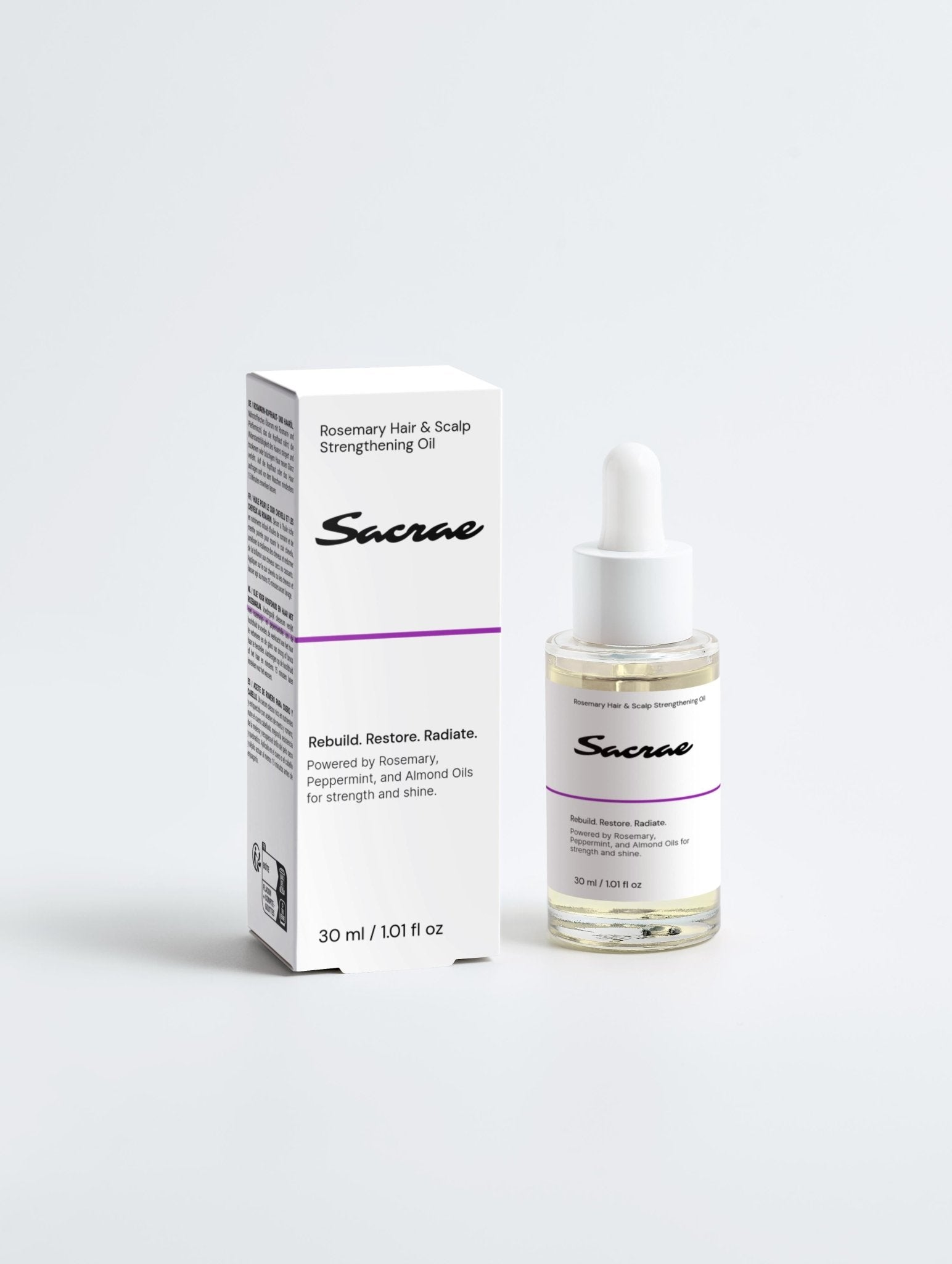 Sacrae Rosemary Hair & Scalp Oil — product shot on clean surface