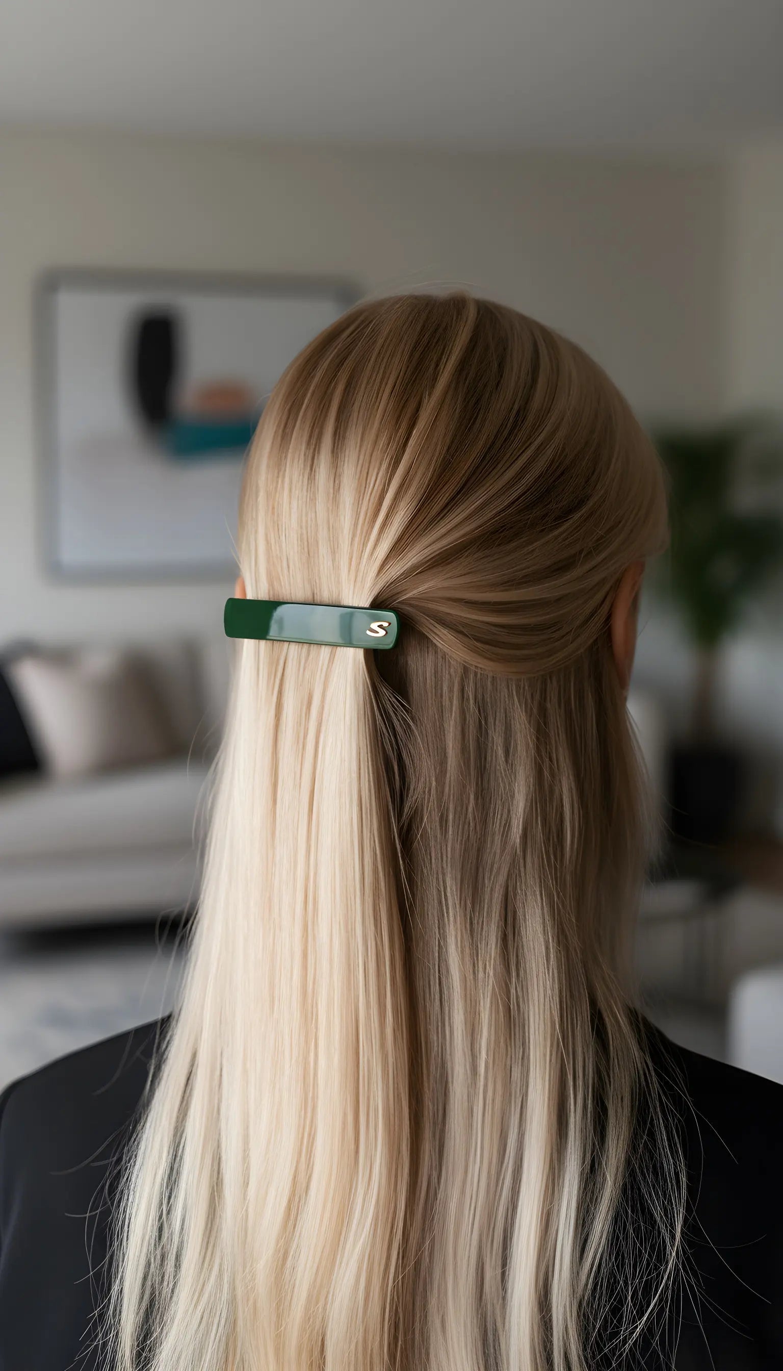 Sacrae Beauty green hair barrette clip worn by woman with long blonde hair — handcrafted luxury hair accessory