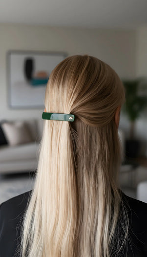 Sacrae Beauty green hair barrette clip worn by woman with long blonde hair — handcrafted luxury hair accessory