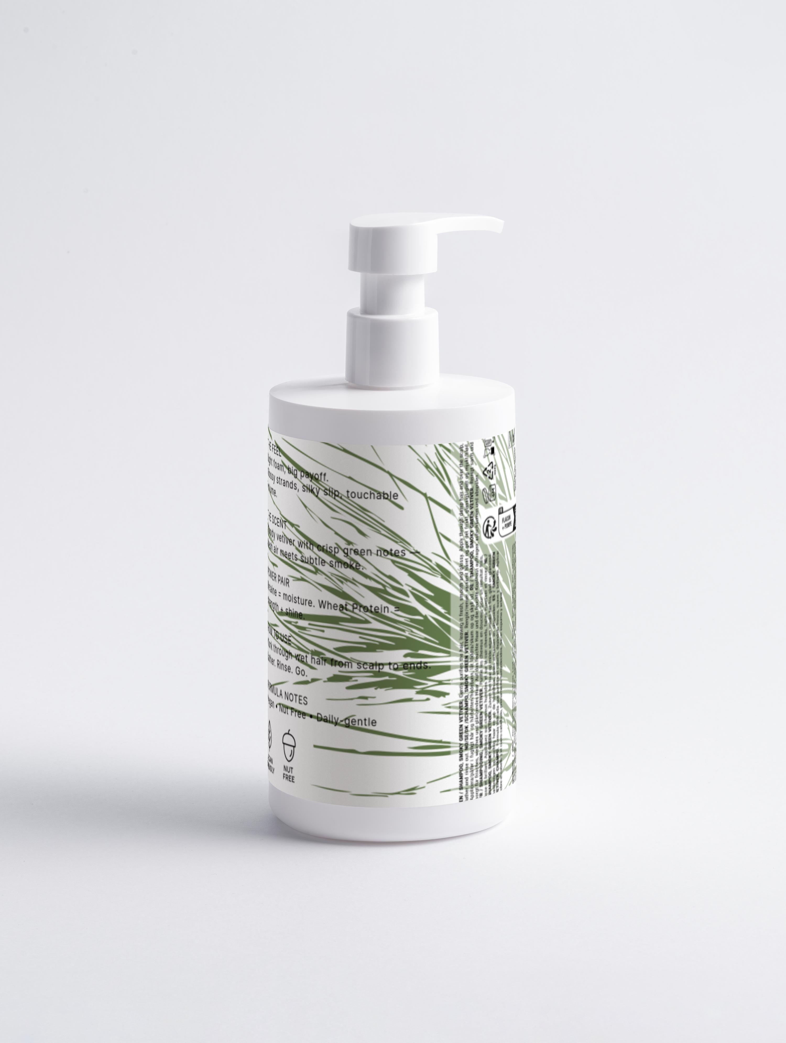 Sacrae Gloss Shampoo Smoky Green Vetiver — back of bottle showing green vetiver print and ingredients