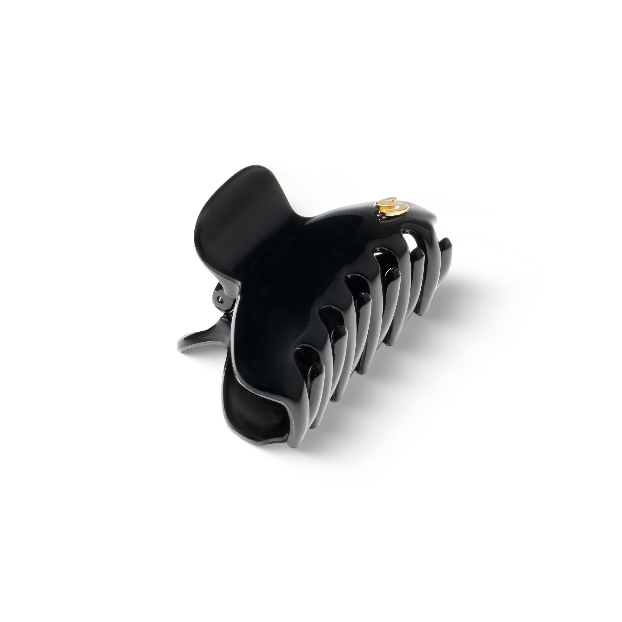 Sacrae Eva Small Claw Clip glossy black — open clip profile, S detail visible