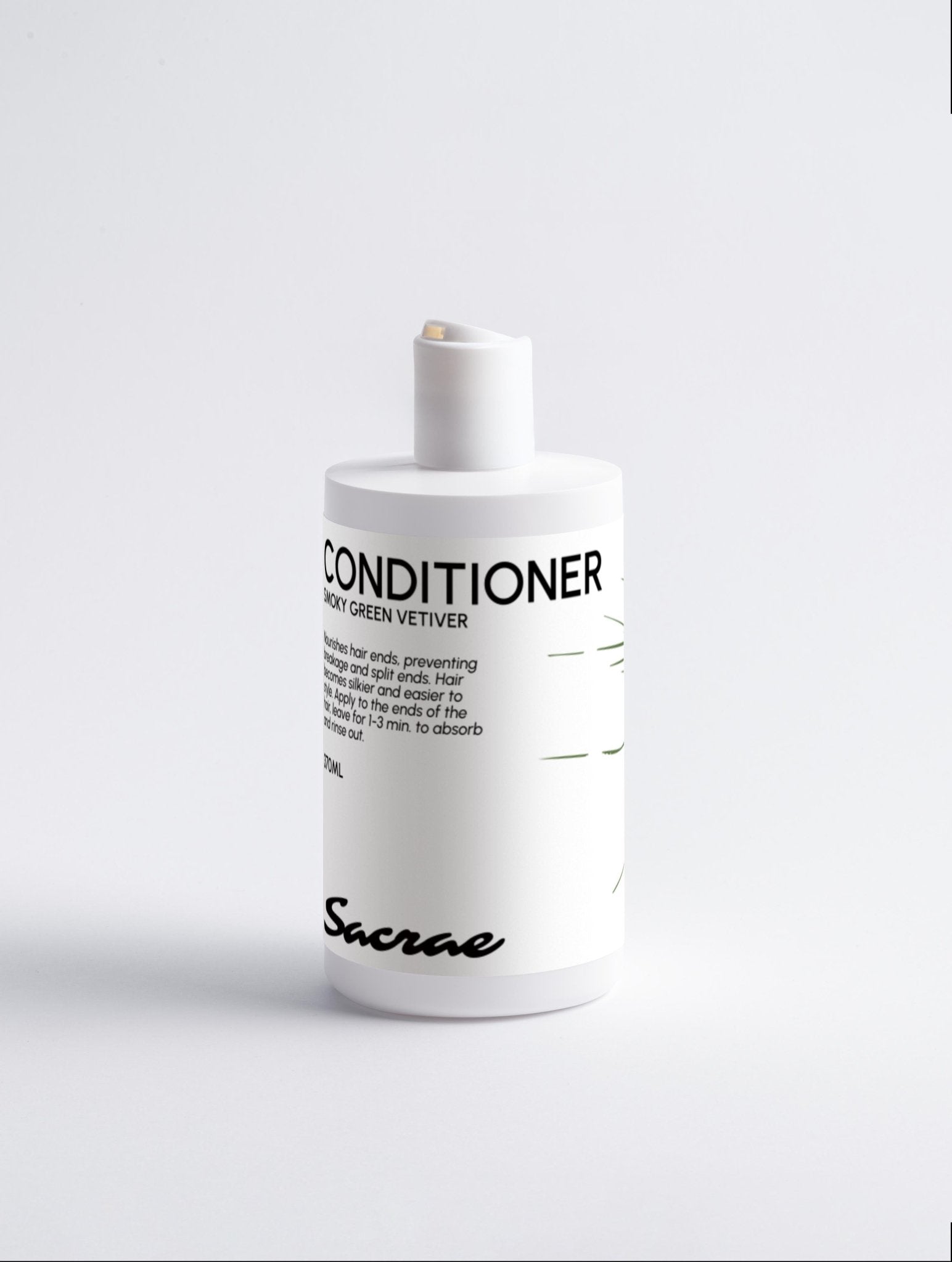 Sacrae Gloss Conditioner Smoky Green Vetiver — detail of bottle and label