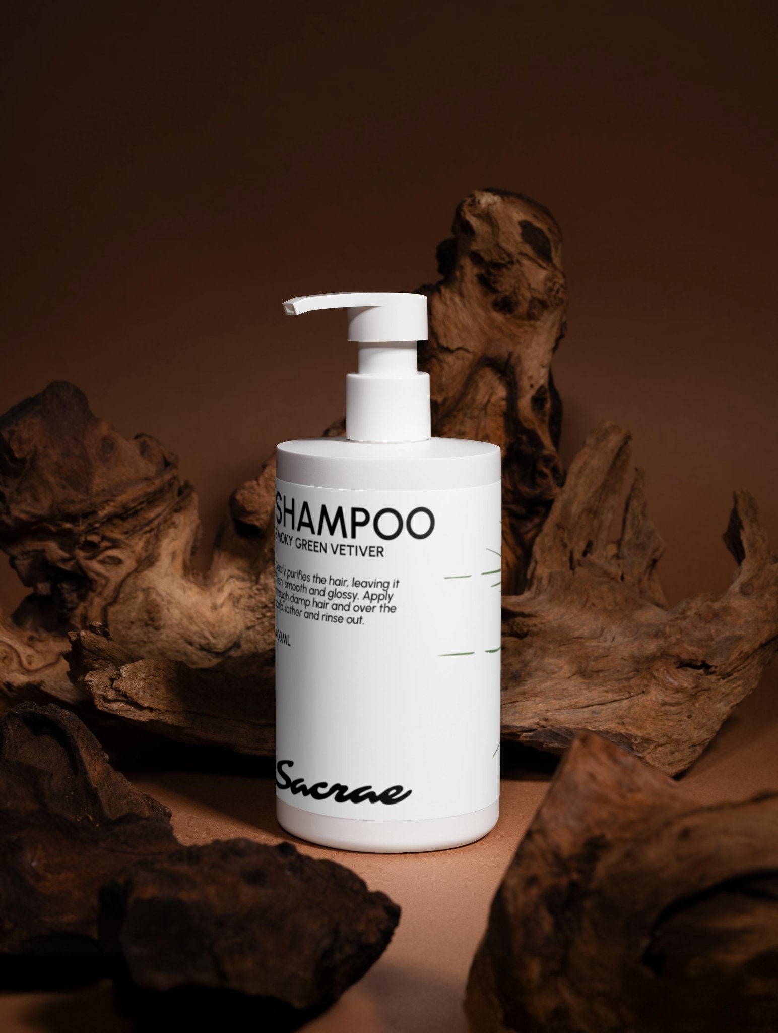 Sacrae Gloss Shampoo Smoky Green Vetiver — detail of bottle and label