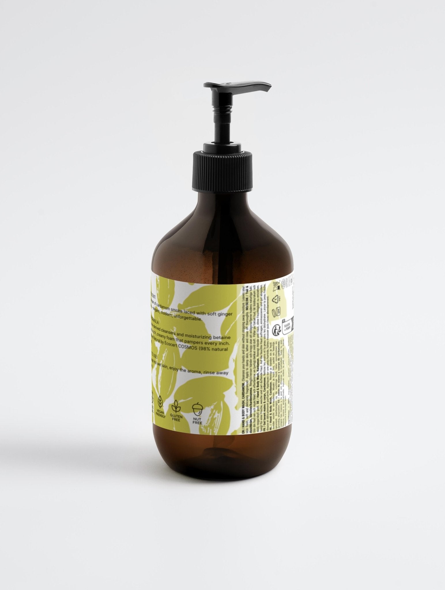 Sacrae Hand & Body Wash Ginger & Smoky Cardamom — detail of bottle and label