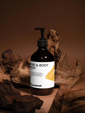 Sacrae Hand & Body Wash Patchouli & Amber Vanilla — overhead product shot