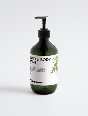 Sacrae Hand & Body Wash Peppermint & Dark Cedar — product shot on clean surface