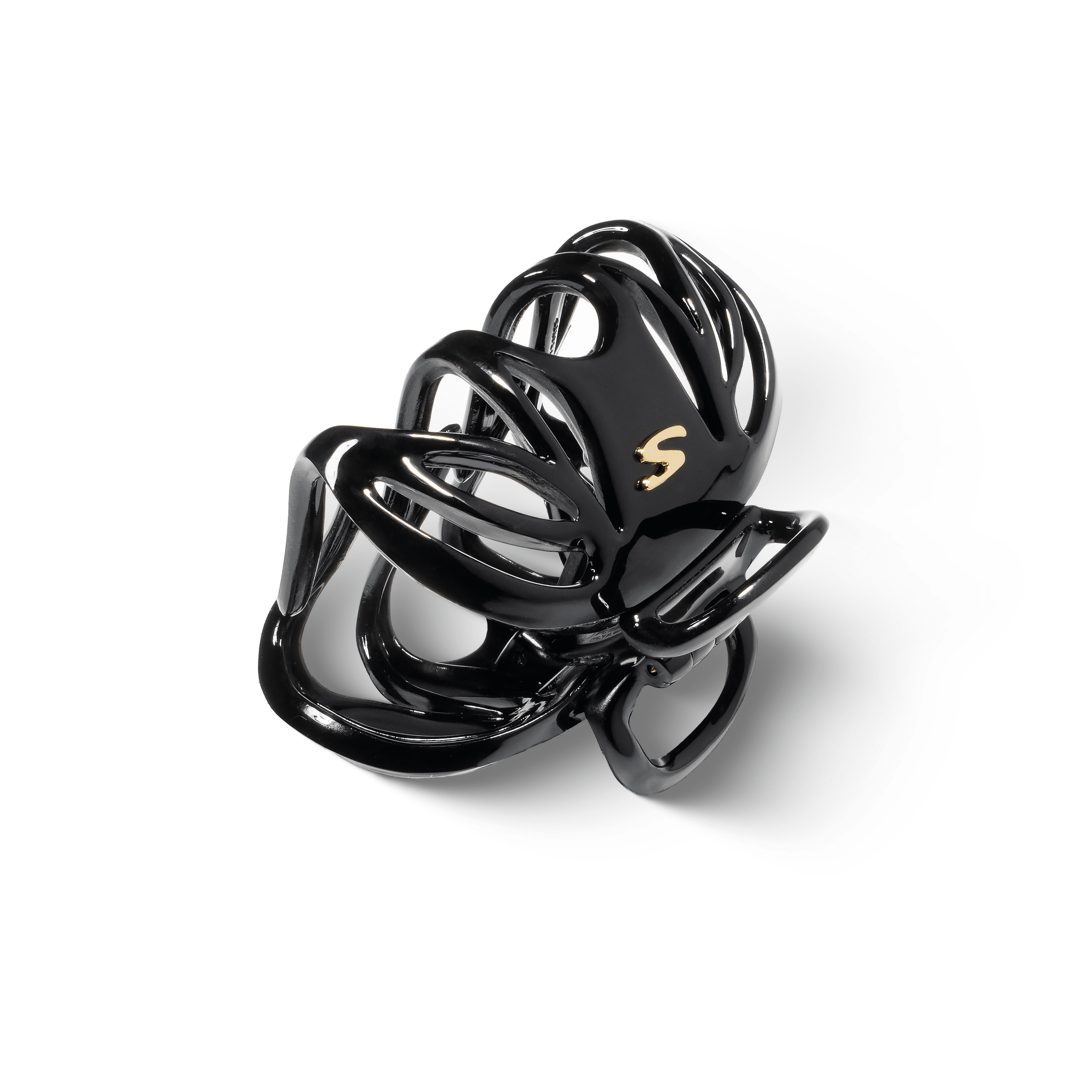 Lena Small Claw Clip glossy black — editorial still life, dark background