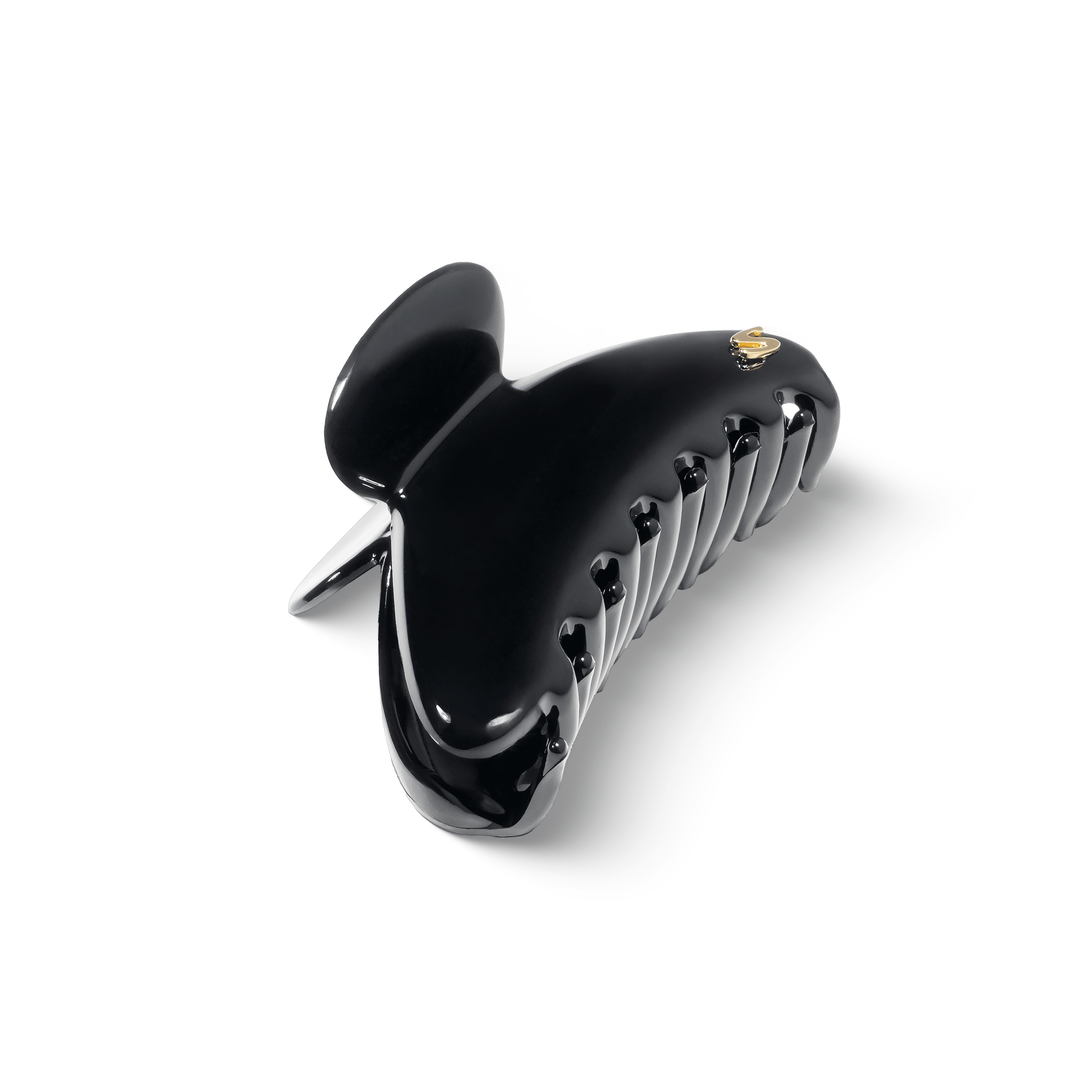 Lumière Medium Hair Clip glossy black — flatlay with second Lumière clip, paired styling