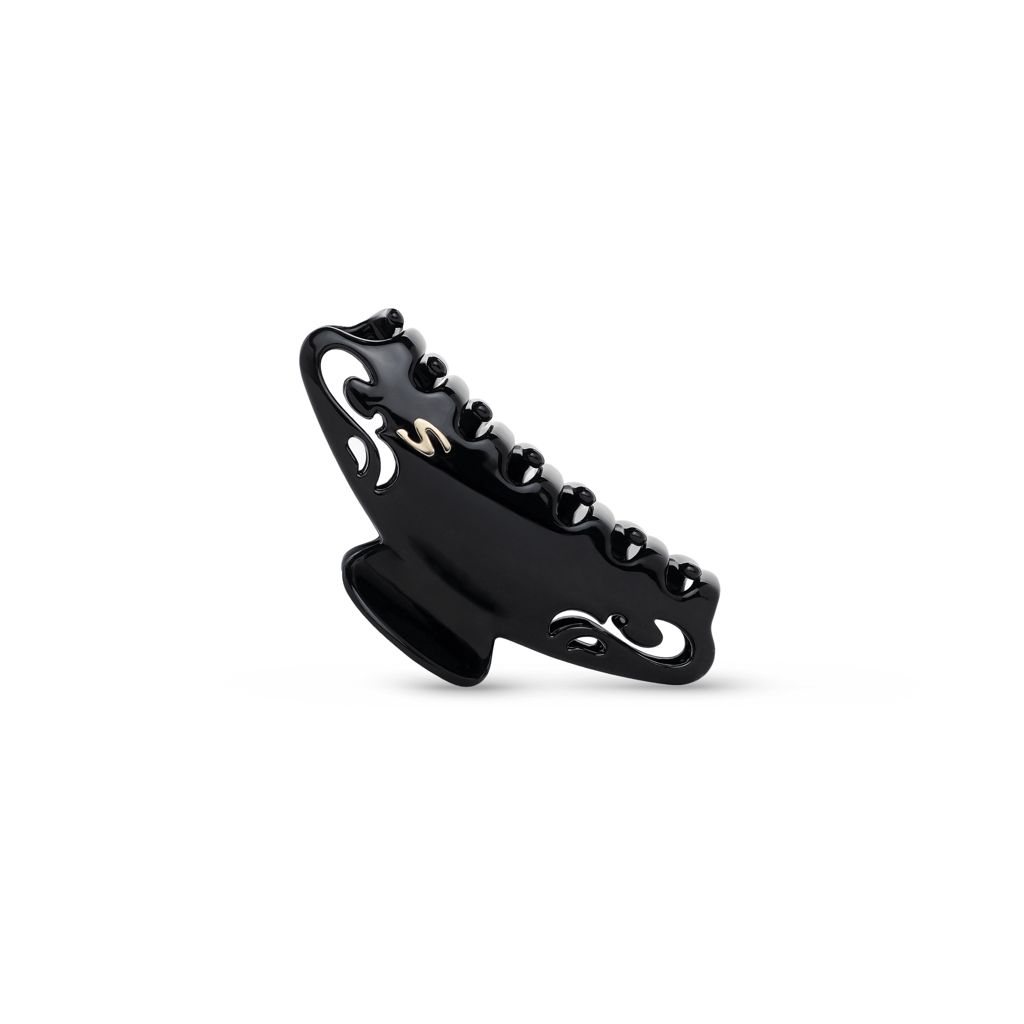 Sacrae Melissa claw clip glossy black — worn in a full updo, side profile
