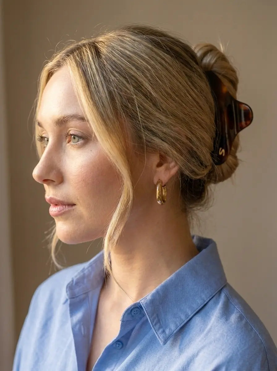Model wearing Sacrae Large French Yoga Hair Clip in Tortoise, twisted updo, side view