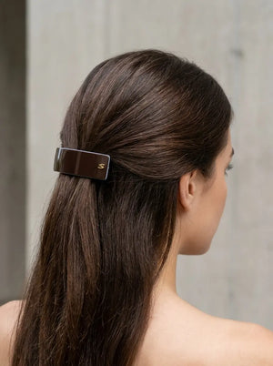 Model wearing Sacrae Barrette L Twilight Mirage Capsule Edition, half-up hairstyle, side view