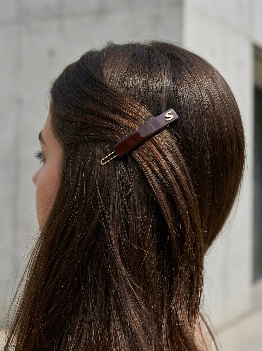 Model wearing Sacrae Barrette XS Twilight Mirage Capsule Edition, sleek hairstyle, profile view