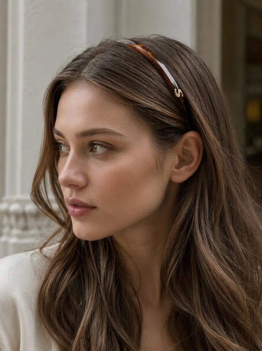 Model wearing Sacrae Signature Headband in Tortoise, soft waves, front view