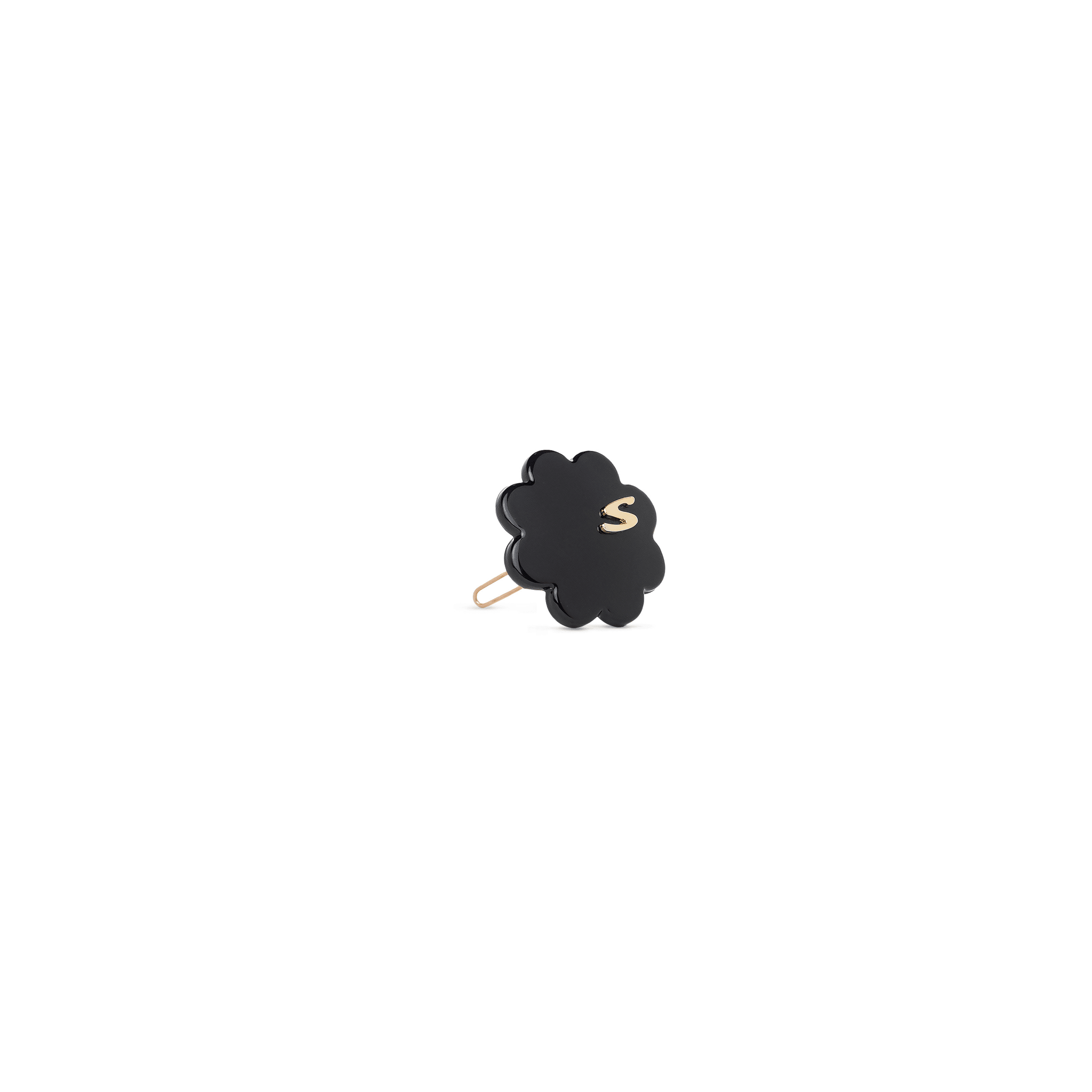 Sacrae Petite Fleur glossy black — worn at the side part, light styling