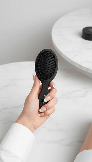Sacrae Mini Boar Hair Brush — overhead product shot on marble surface