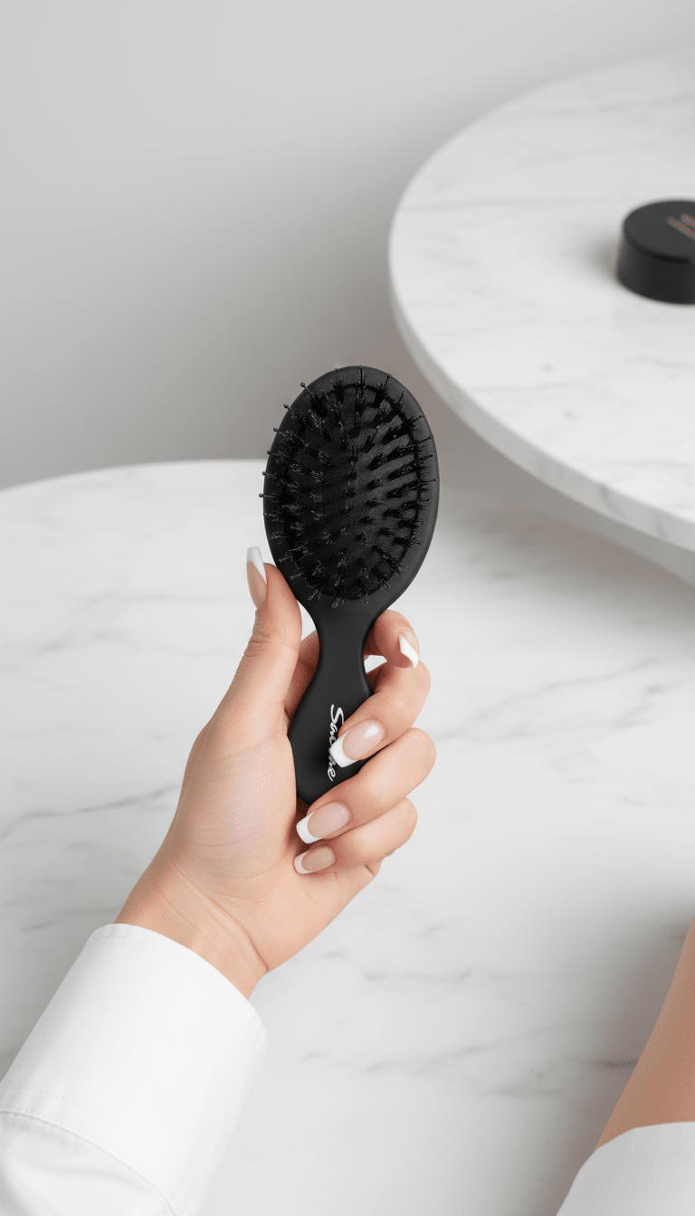 Sacrae Mini Boar Hair Brush — overhead product shot on marble surface