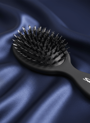 Sacrae Mini Boar Hair Brush — brush in travel pouch, compact size visible